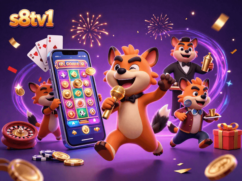 S8TV1 hyenas perform comedy as bartenders in a vibrant casino scene packed with games and excitement.
