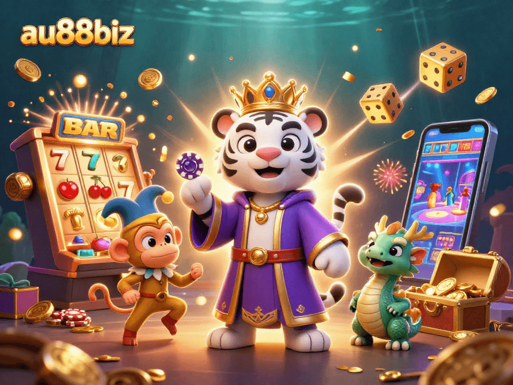 Experience thrilling slots with au88biz featuring a majestic tiger and playful monkey in a vibrant casino scene.