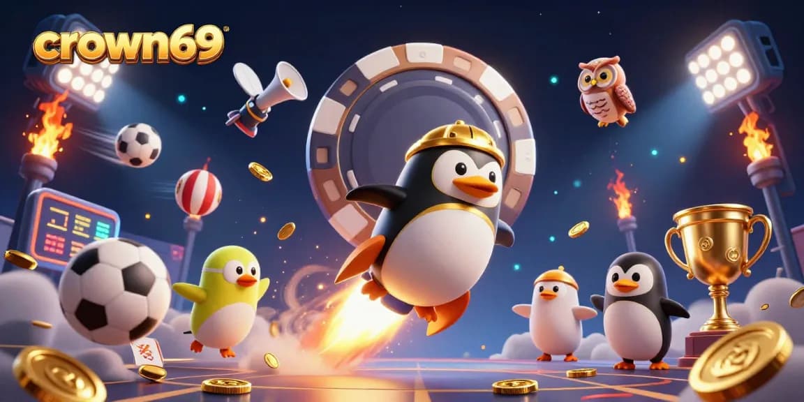 Crown69 gaming scene showcasing an engaging golden penguin in a cosmic adventure amid dynamic sports elements.