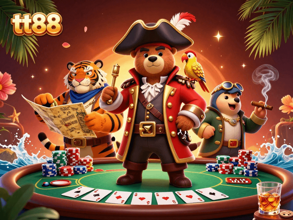 Engage in thrilling games at tt88 with a lively scene featuring a pirate bear, tiger, and poker ambiance.
