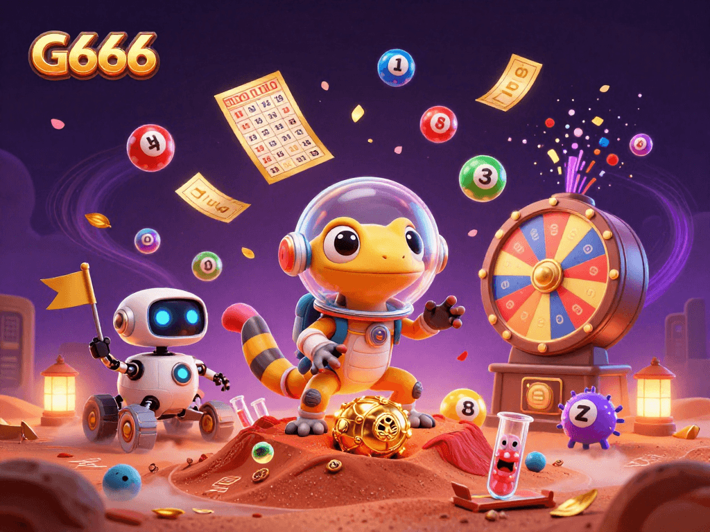 Experience winning odds at G666 with the Martian gecko inside a golden casino beneath red Mars sand.