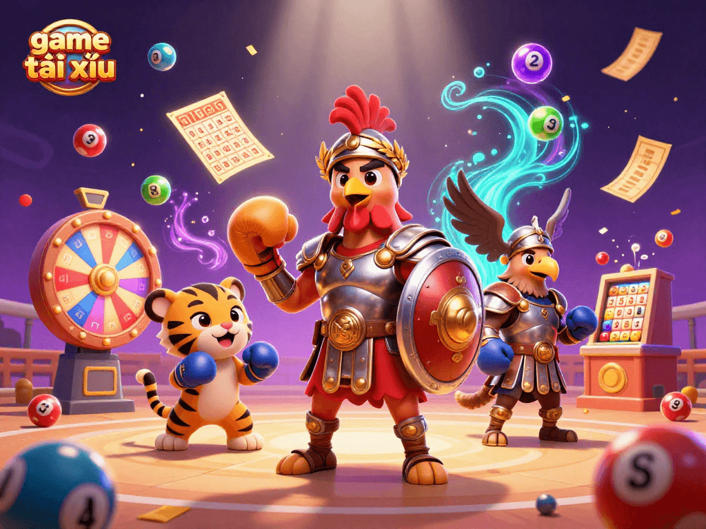 Engage in game tài xỉu with an illustration of a gladiator rooster and tiger cub amidst dynamic casino elements.