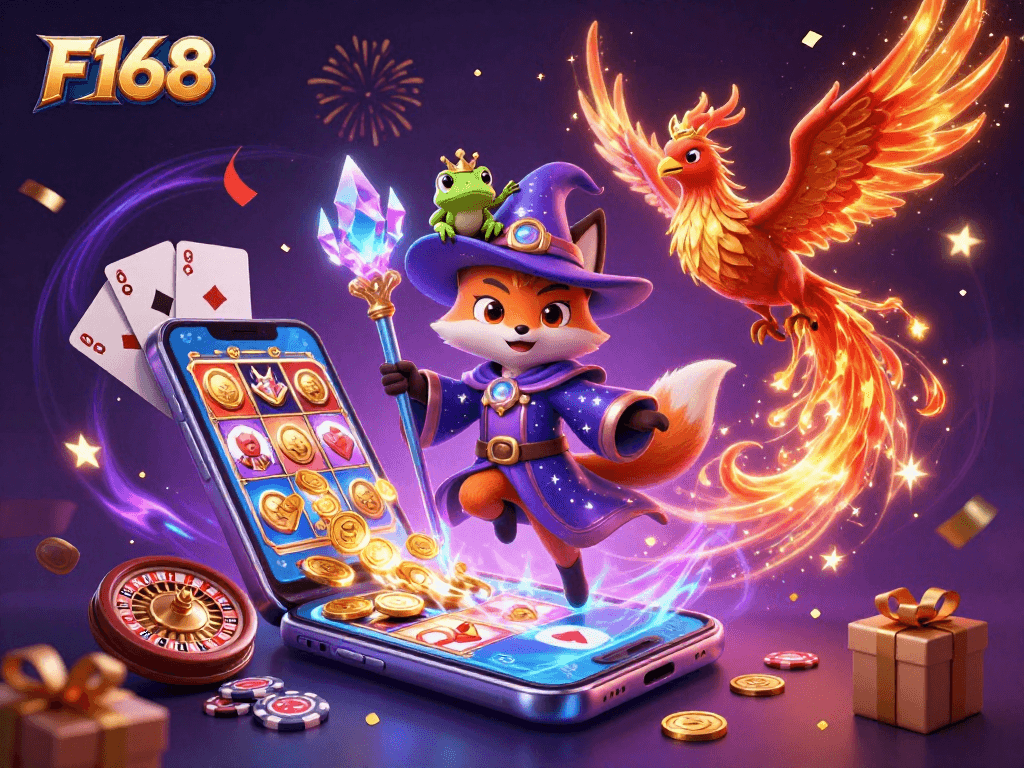 Experience thrilling wins at F168 with a mystical wizard fox and an energetic phoenix in a vibrant casino scene.