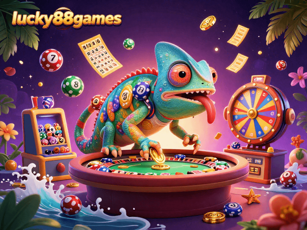 Experience the vibrant action of lucky88games with a chameleon casino owner amidst colorful gambling elements.