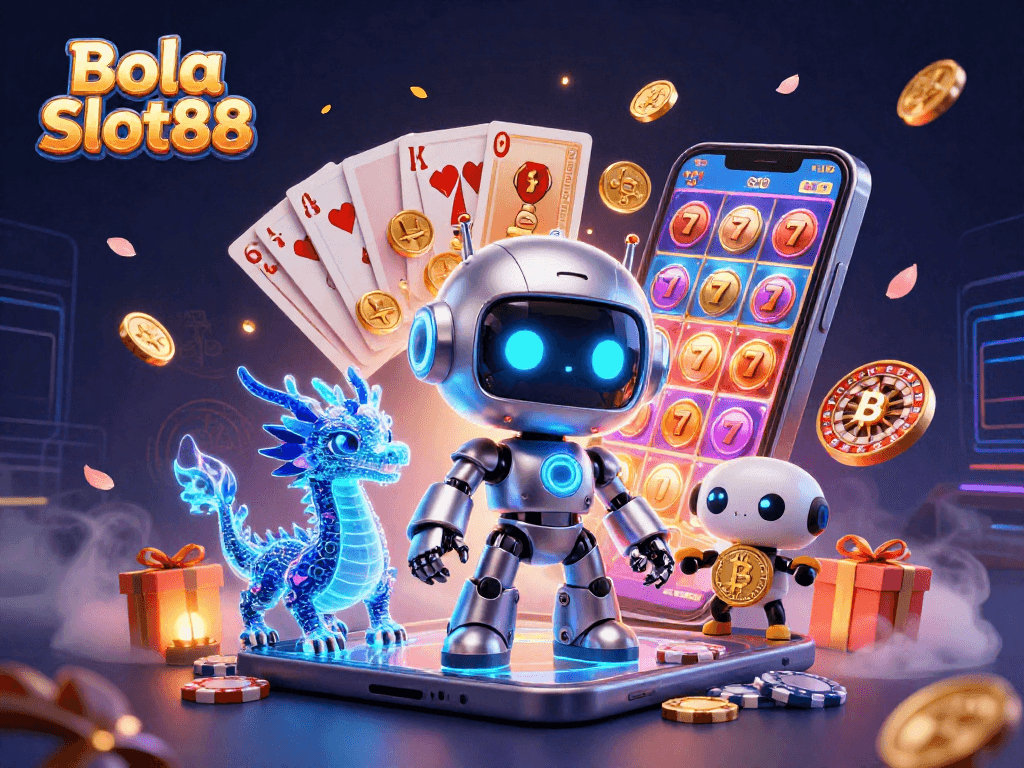 Bola Slot88 showcases a vibrant 3D casino illustration featuring a cyberpunk robot and game elements.