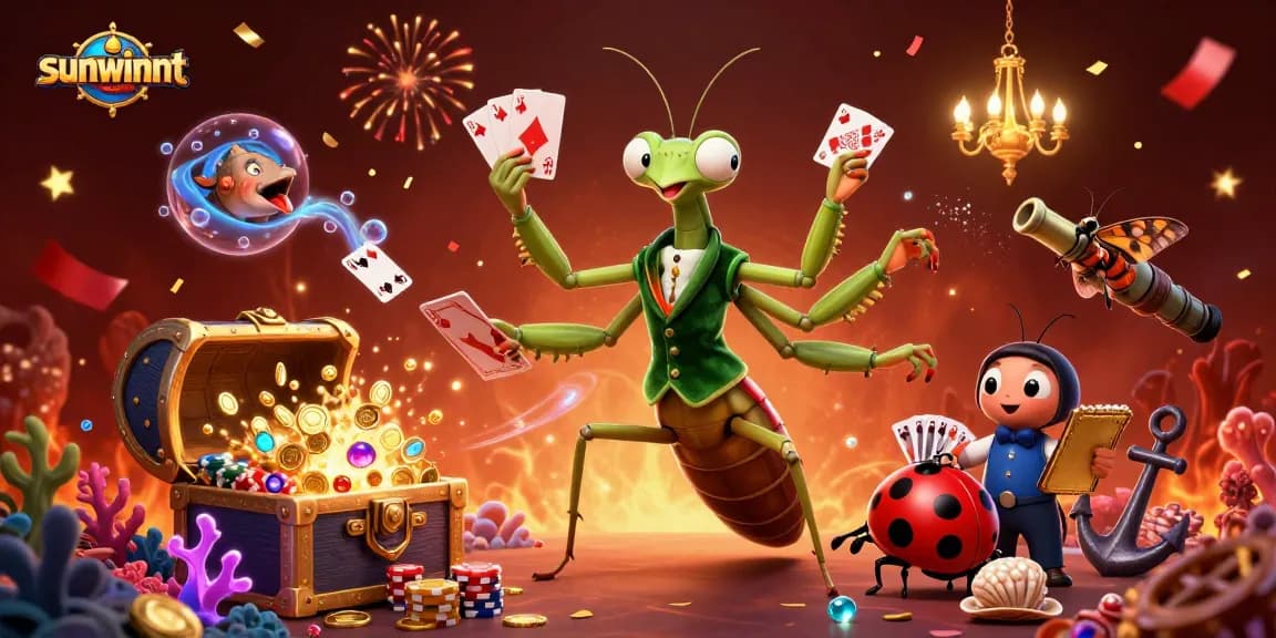 Engage in thrilling gameplay with sunwinnt at this vibrant casino scene featuring a mantis card sharp.
