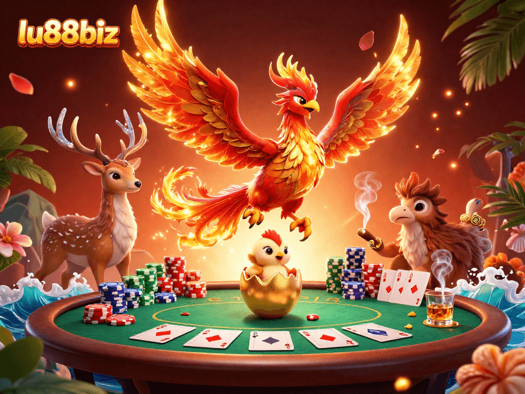 Experience exciting poker action at lu88biz with a vibrant phoenix, poker table, and colorful chips.