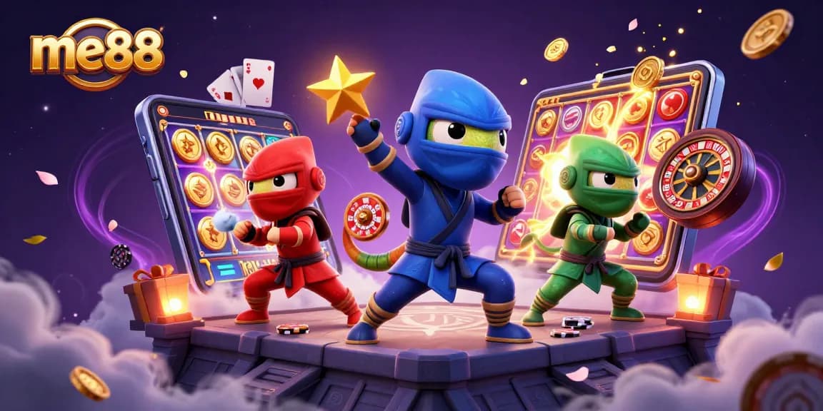Experience immersive gaming with me88's vibrant 3D illustration showcasing dynamic casino themes.