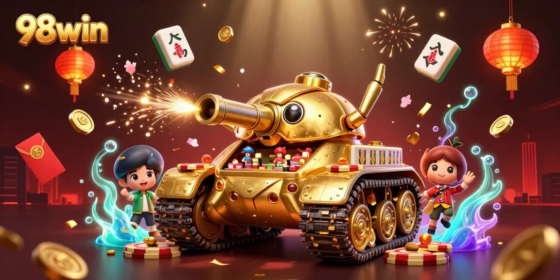 Engage in the lively scene of 98win featuring a golden beetle casino tank amidst dynamic game elements.
