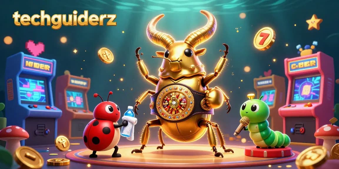 Experience techguiderz with a dynamic gambling scene featuring a golden beetle boxing champion and gaming elements.