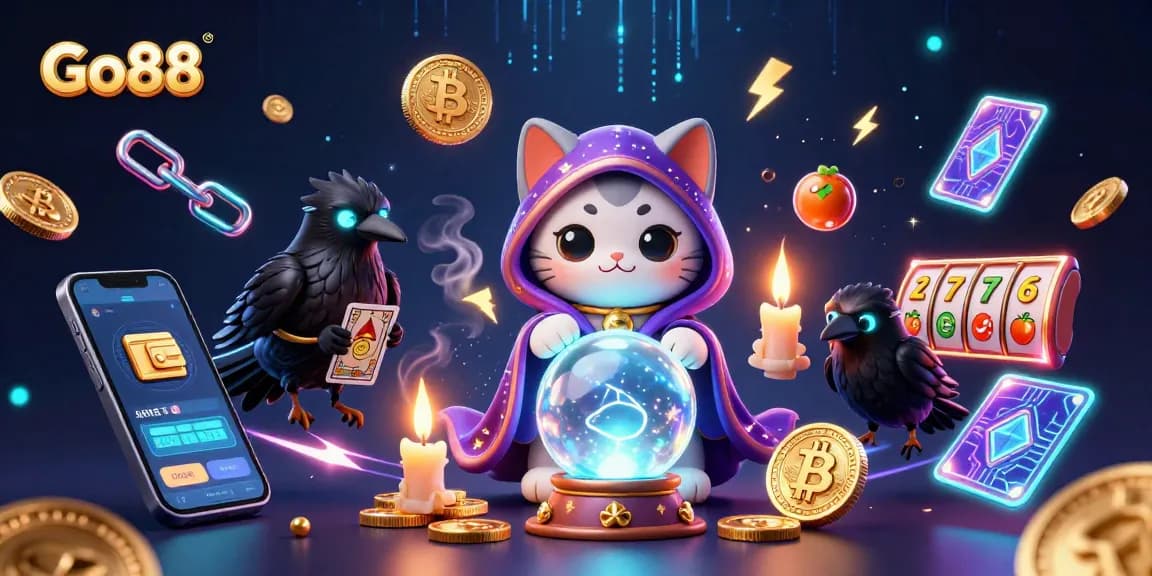 Engage with Go88's thrilling casino experience featuring a fortune teller, raven, and vibrant slot elements.