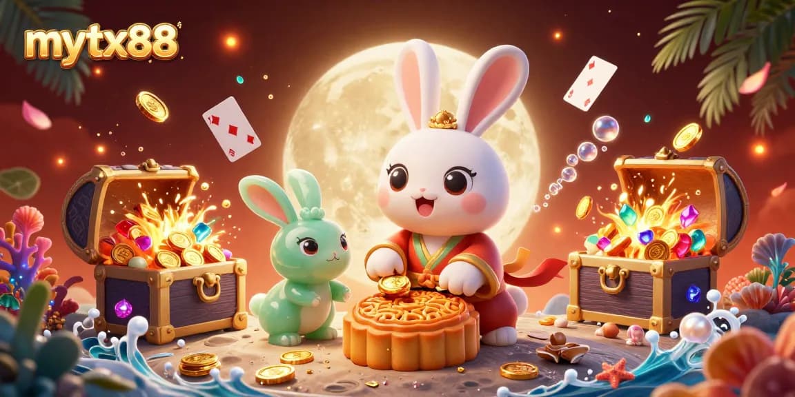 Engage with mytx88 as the moon rabbit reveals poker chips in an interactive gaming scene.