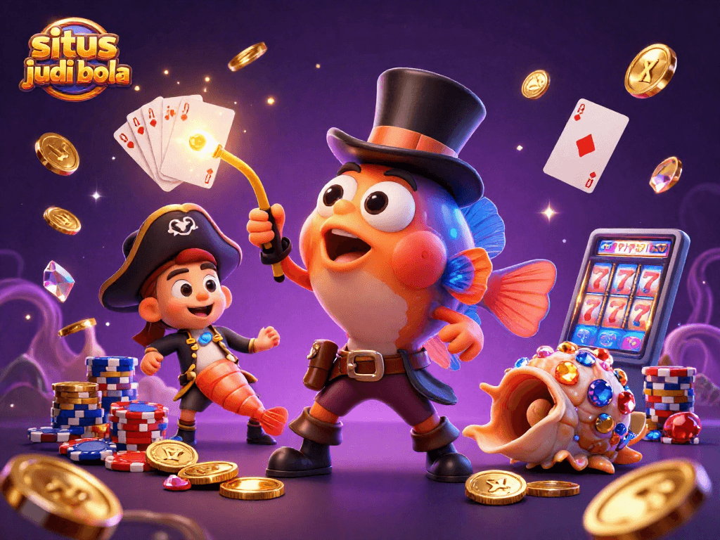 Bet on situs judi bola with thrilling characters catching gold coins in a vibrant casino scene.
