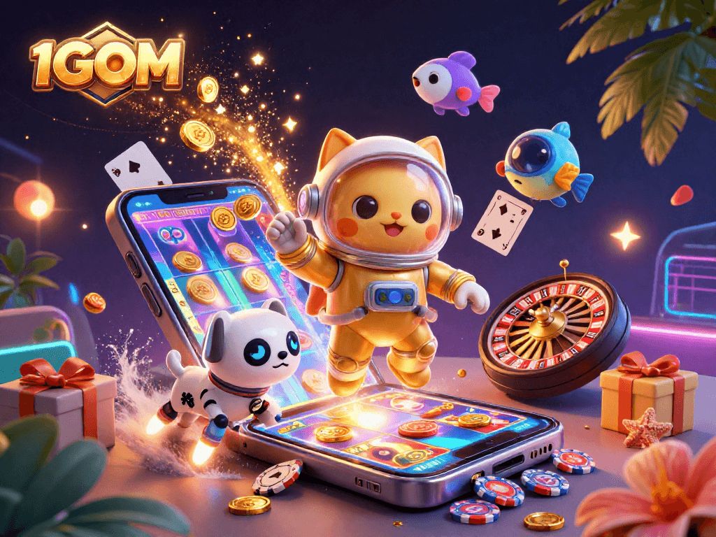 Catch the excitement of 1GOM as a space cat spins slots and wins coins in a dynamic casino scene.
