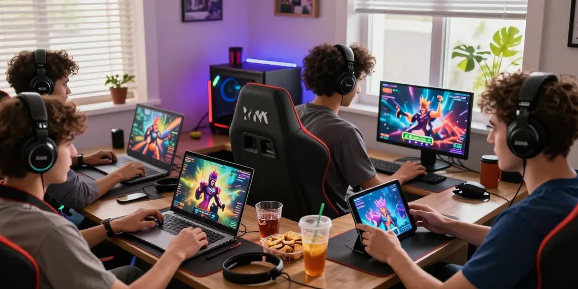 Players enjoying xxx games on various devices in a vibrant gaming nook with colorful lights.