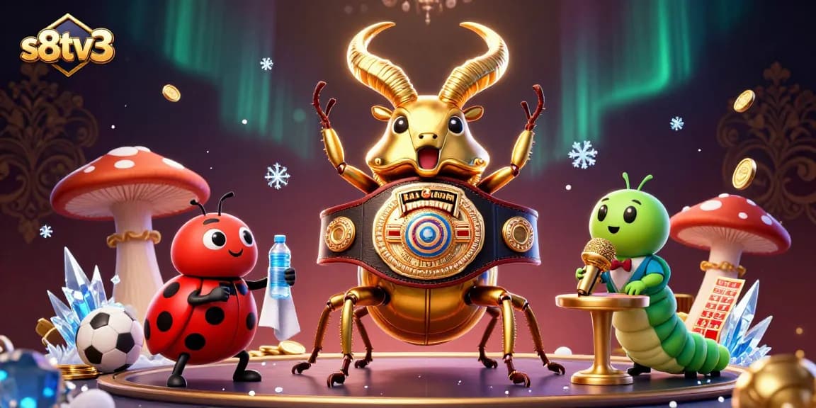 S8tv3 showcases a dynamic scene with a giant golden beetle in a boxing belt and vibrant gaming elements.