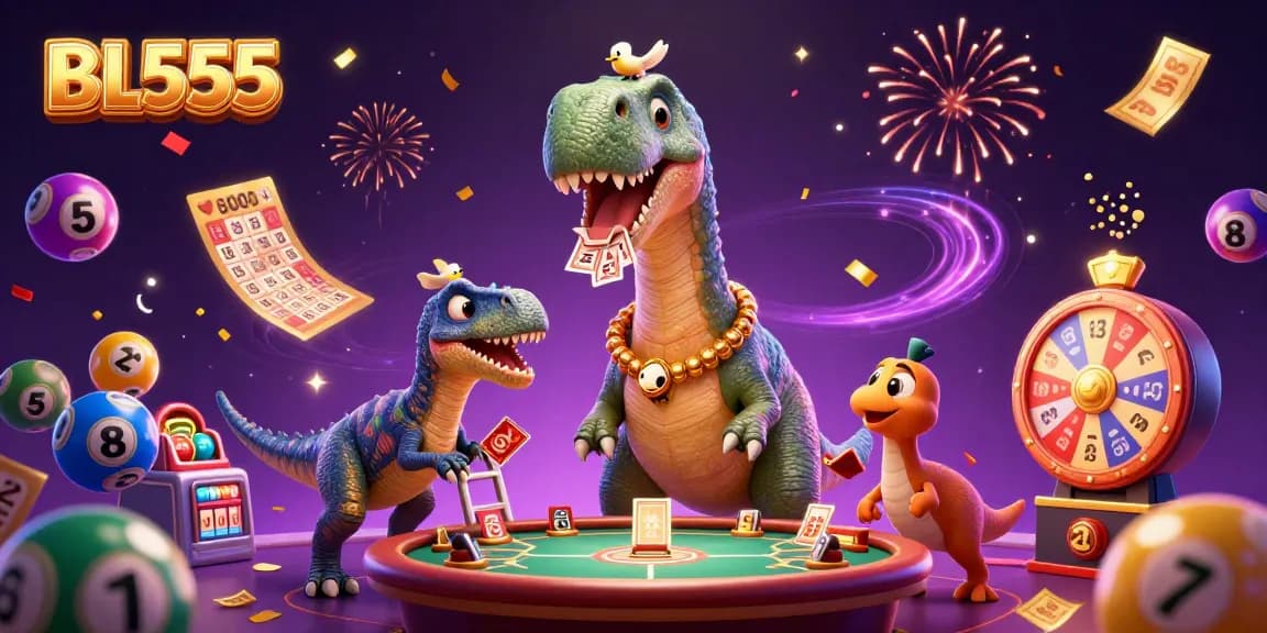 Experience excitement at BL555: A lively 3D casino scene with brontosaurus and raptor dealers amidst colorful game elements.