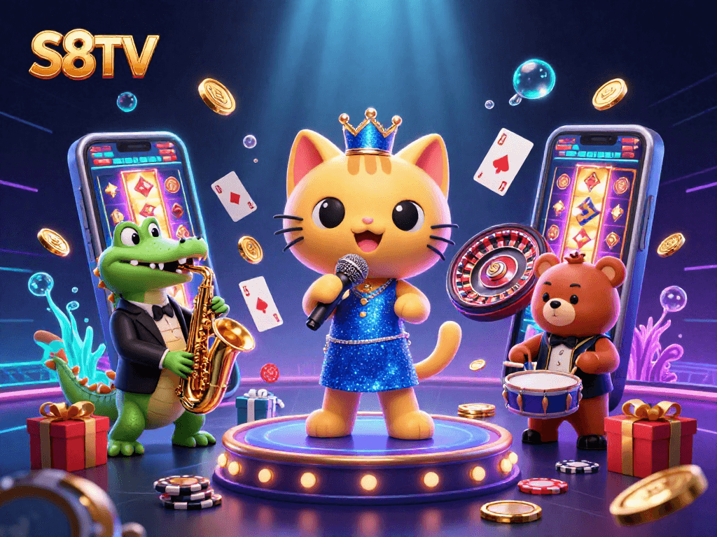 Experience S8TV with a vibrant casino scene featuring animated characters and gaming elements.