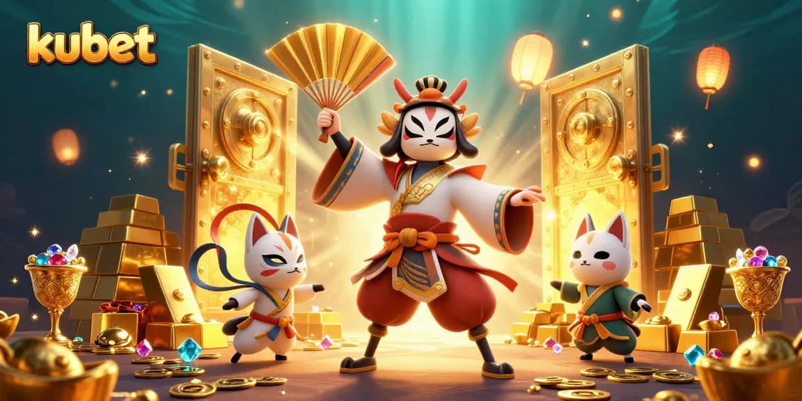 kubet showcases an energetic casino scene with a kabuki warrior and treasures glowing.