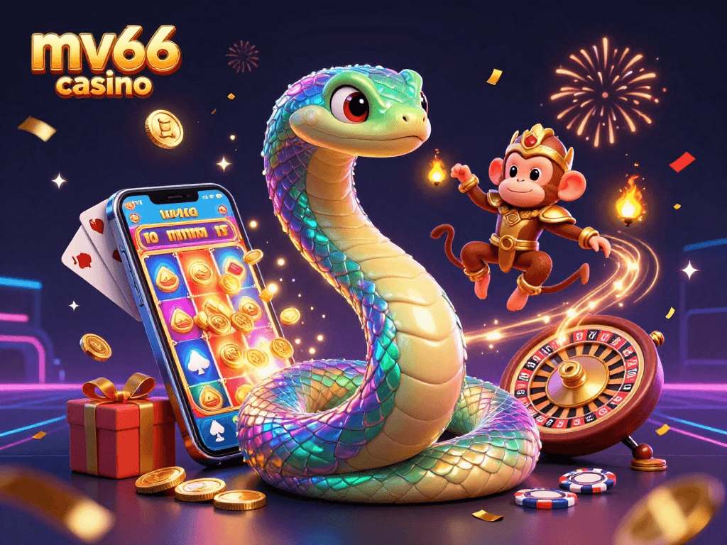 Experience the thrill of mv66 casino with a vibrant 3D scene involving a rainbow serpent and golden monkey swinging amidst slot game elements.