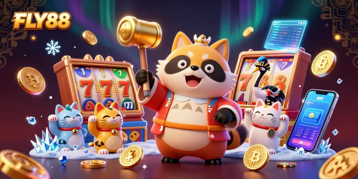 FLY88 brings excitement with a cheerful tanuki, crypto coins, and vibrant slot elements in this lively casino scene.