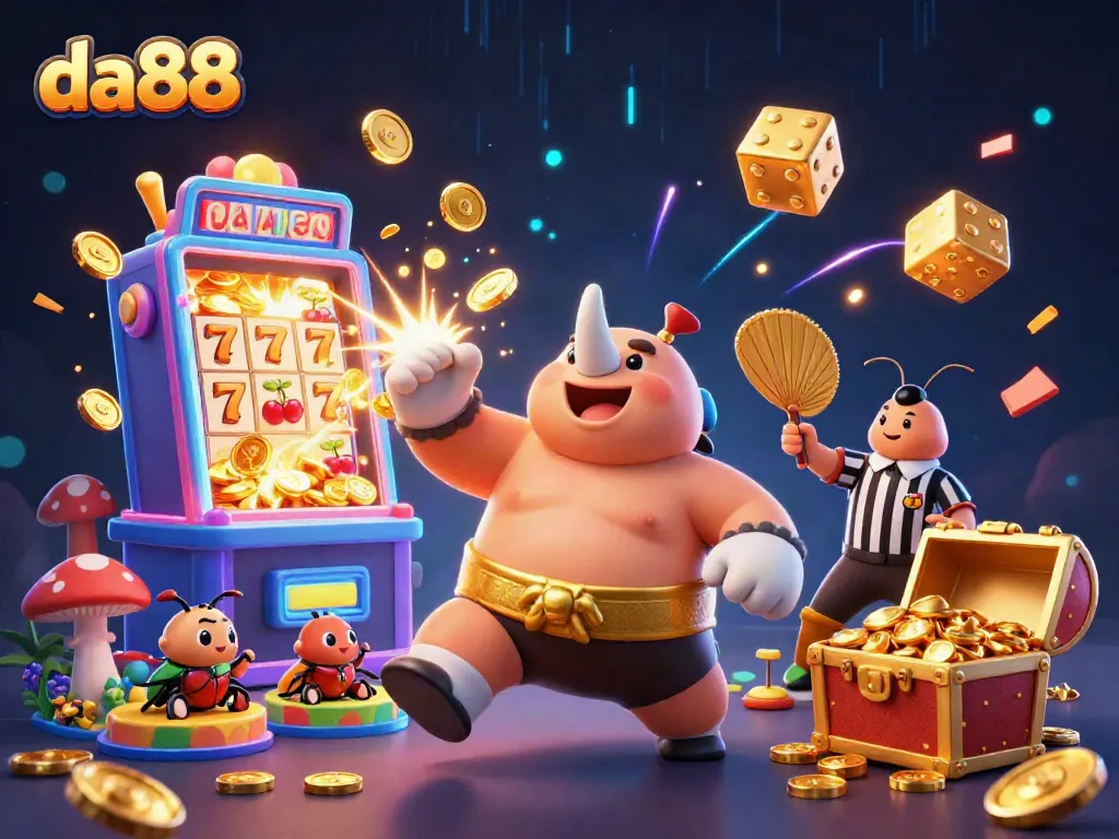 da88 casino illustration featuring a 3D rhinoceros beetle champion and a referee amidst a jackpot explosion.