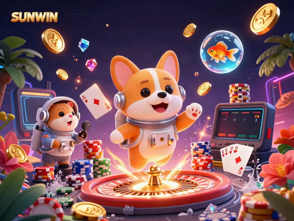 Experience dynamic gameplay with SUNWIN featuring a colorful zero-gravity casino scene filled with floating riches.