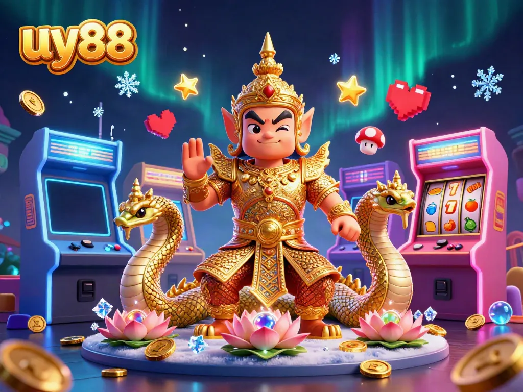Engage with uy88 in a vibrant online casino environment packed with gaming elements and characters.