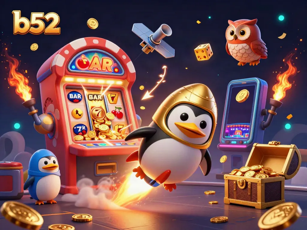 Engaging b52 interactive casino experience with golden penguin and slot machine perks.