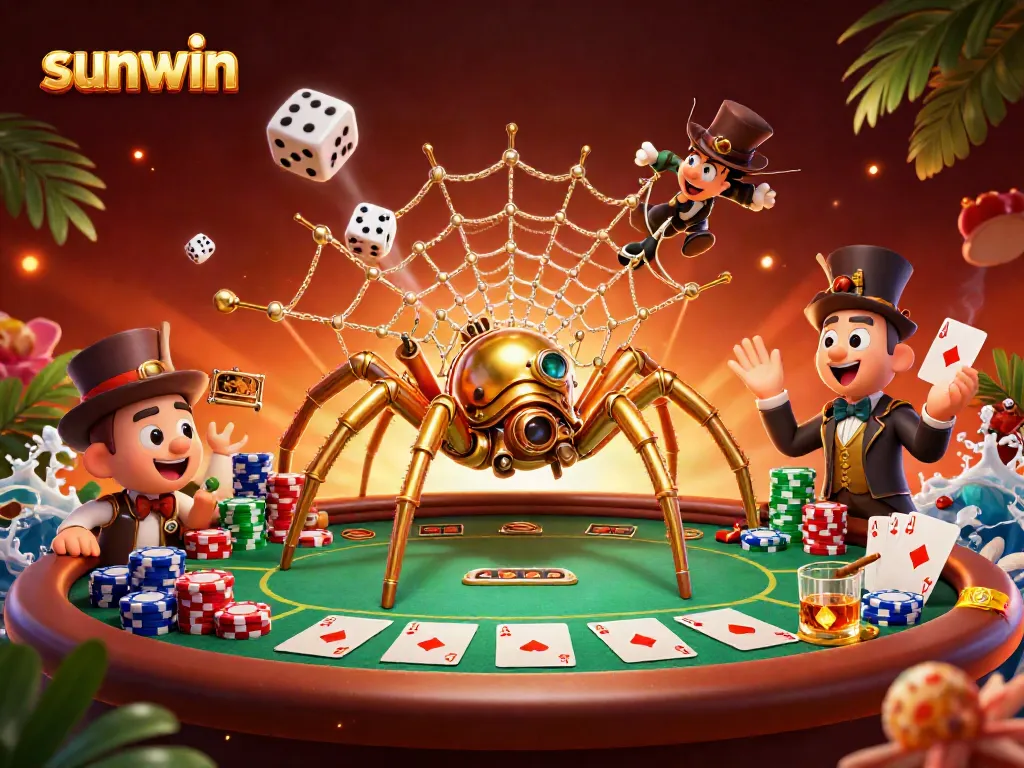 Engage with the thrilling sunwin casino scene featuring a steampunk spider and gambler.