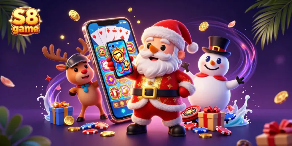 Experience exciting S8 game action with Santa and friends winning in a vibrant casino scene.