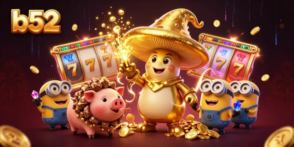 Experience the magic of b52 with a golden wizard and treasures in a casino-themed dynamic scene.