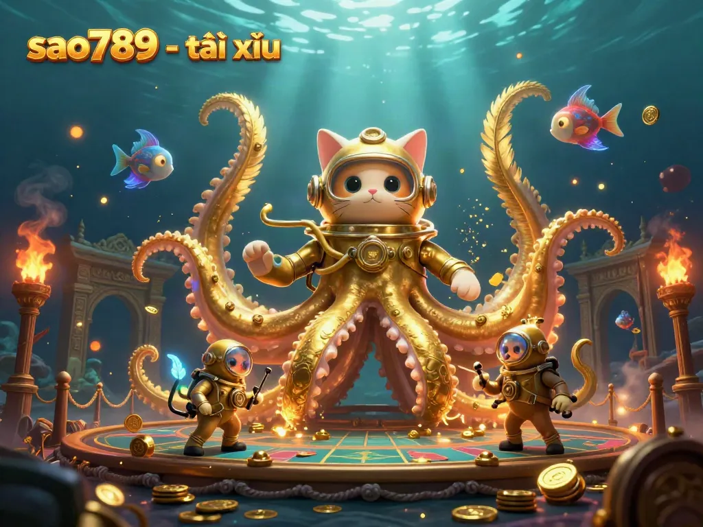 Engage in thrilling gameplay with sao789 - tài xỉu in an exciting underwater casino scene featuring a kraken and a diving cat.