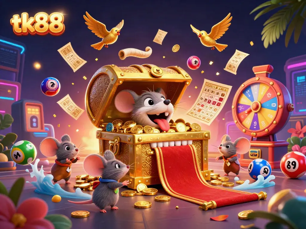 Engage in thrilling adventures with tk88 in a dynamic casino scene featuring a treasure chest and colorful lottery elements.