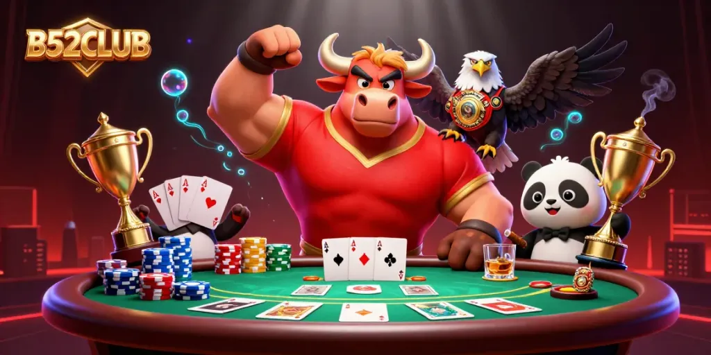 B52CLUB gaming scene with a muscular bull mascot celebrating victory alongside a bald eagle and a panda, surrounded by poker elements.