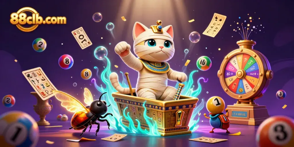 Win big at 88clb-com with an energetic casino scene featuring a mummy cat and vibrant lottery elements.