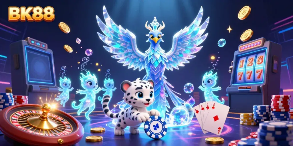 Experience the excitement of BK88 with a vibrant casino illustration featuring playful characters and rich game elements.