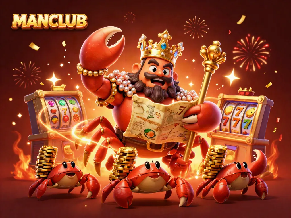 Engage in the thrilling world of MANCLUB with a vibrant casino atmosphere featuring a golden crab emperor and dynamic slot game elements.