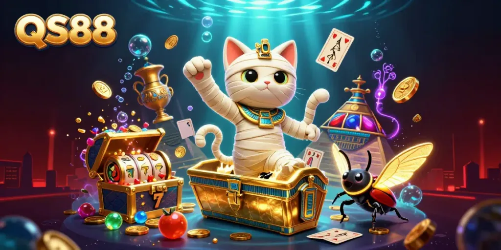 Experience excitement with QS88 as a cartoon mummy cat uncovers riches in a dynamic casino scene.