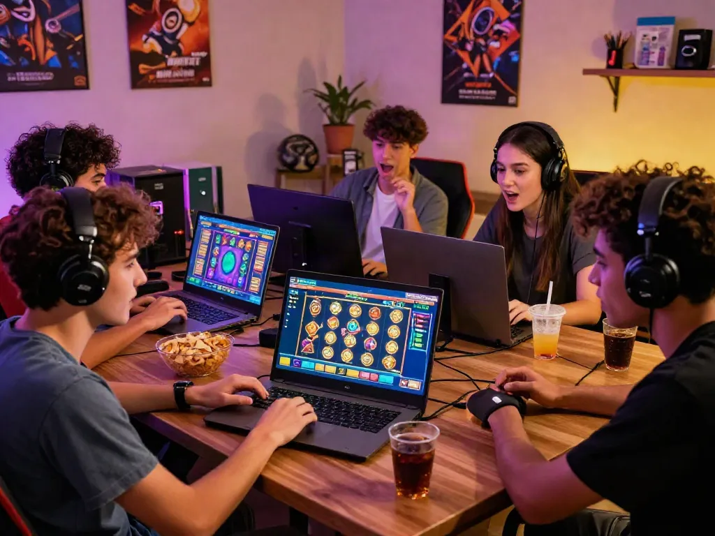 Dynamic gathering around a laptop featuring situs slot gacor games, showcasing excitement and camaraderie among players.
