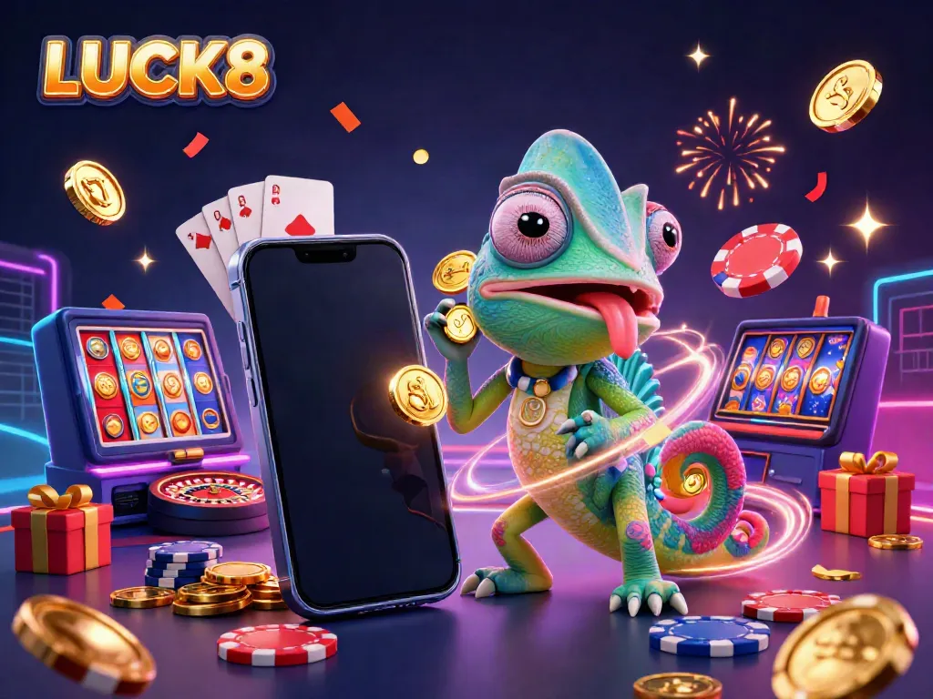 LUCK8 chameleon casino owner engaging players while colorful slot machines and poker elements surround the scene.