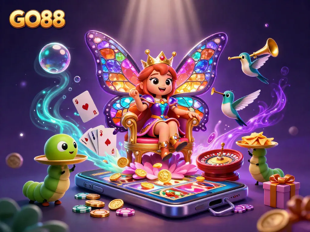 Win big at GO88 with a vibrant scene of colorful slots and gaming elements.