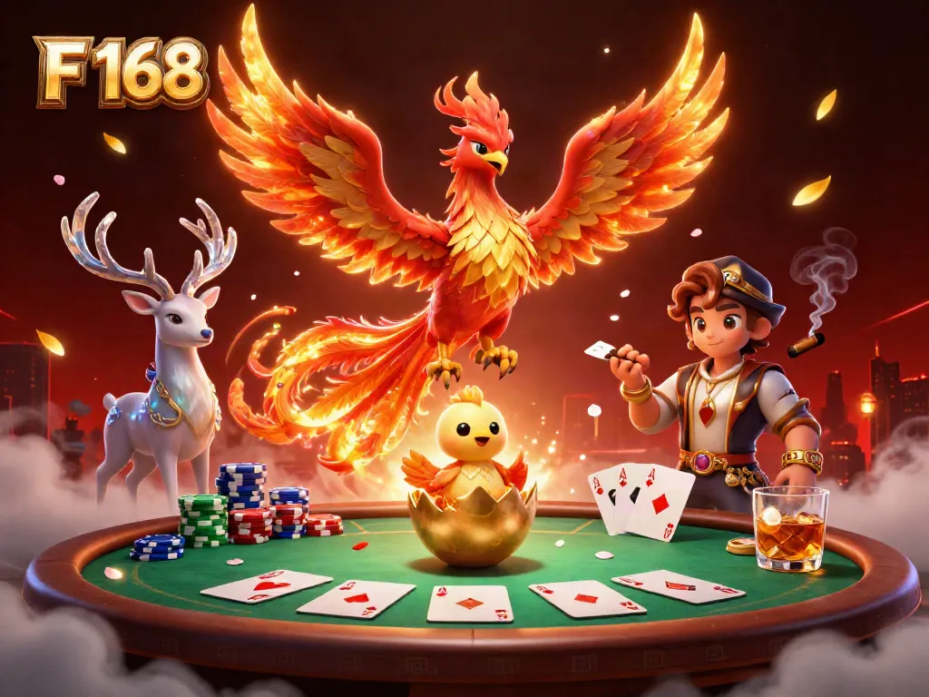 Experience the dynamic excitement of F 168 with a phoenix and stag amidst a vibrant casino scene.