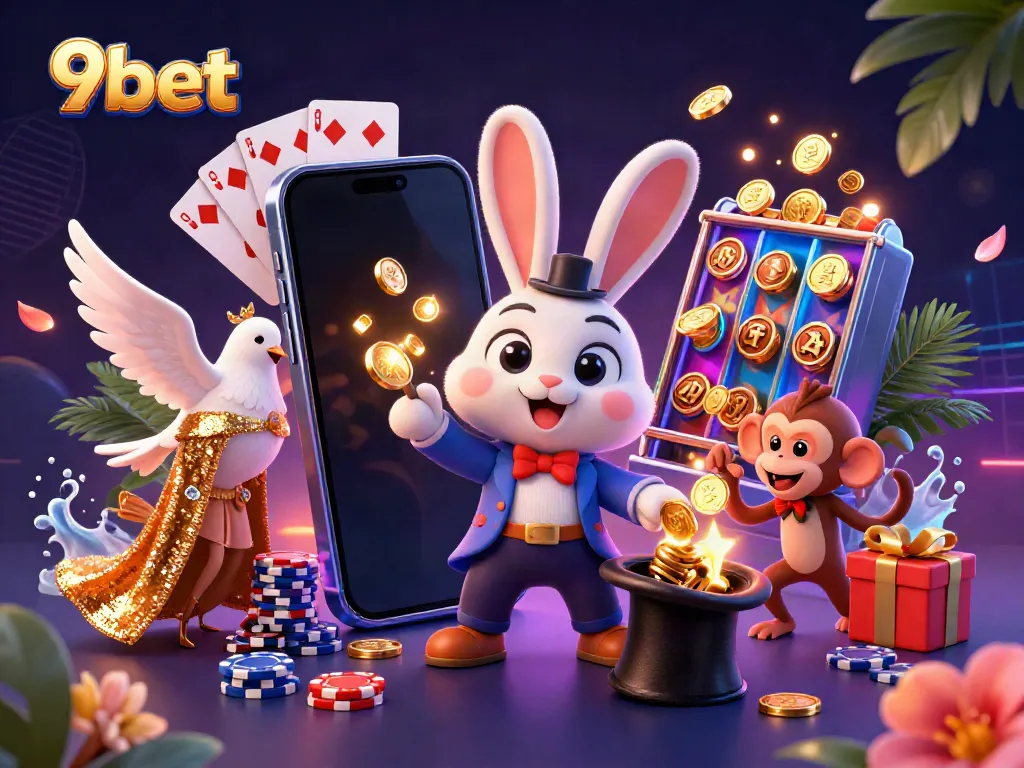 Experience the thrill of 9bet with a whimsical scene featuring a magician rabbit, performing exciting casino magic.