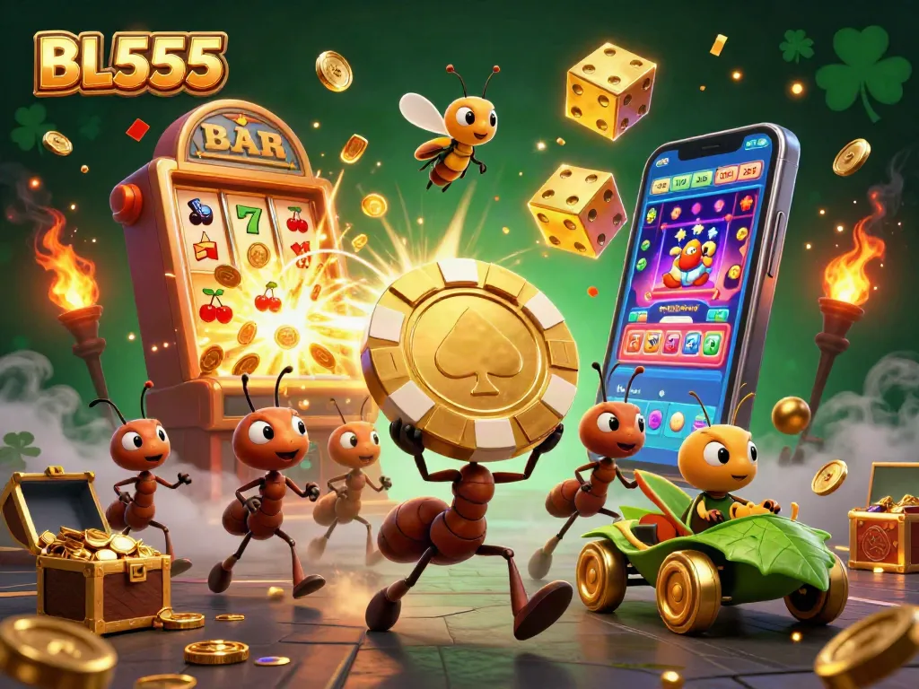 Engaging scene of BL555's ants heisting a giant poker chip amidst exploding slots and vibrant casino elements.