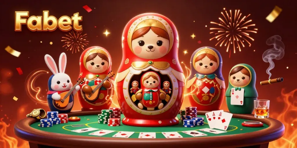 Experience thrilling casino action with Fabet's vibrant 3D illustration of playful characters and gaming elements.