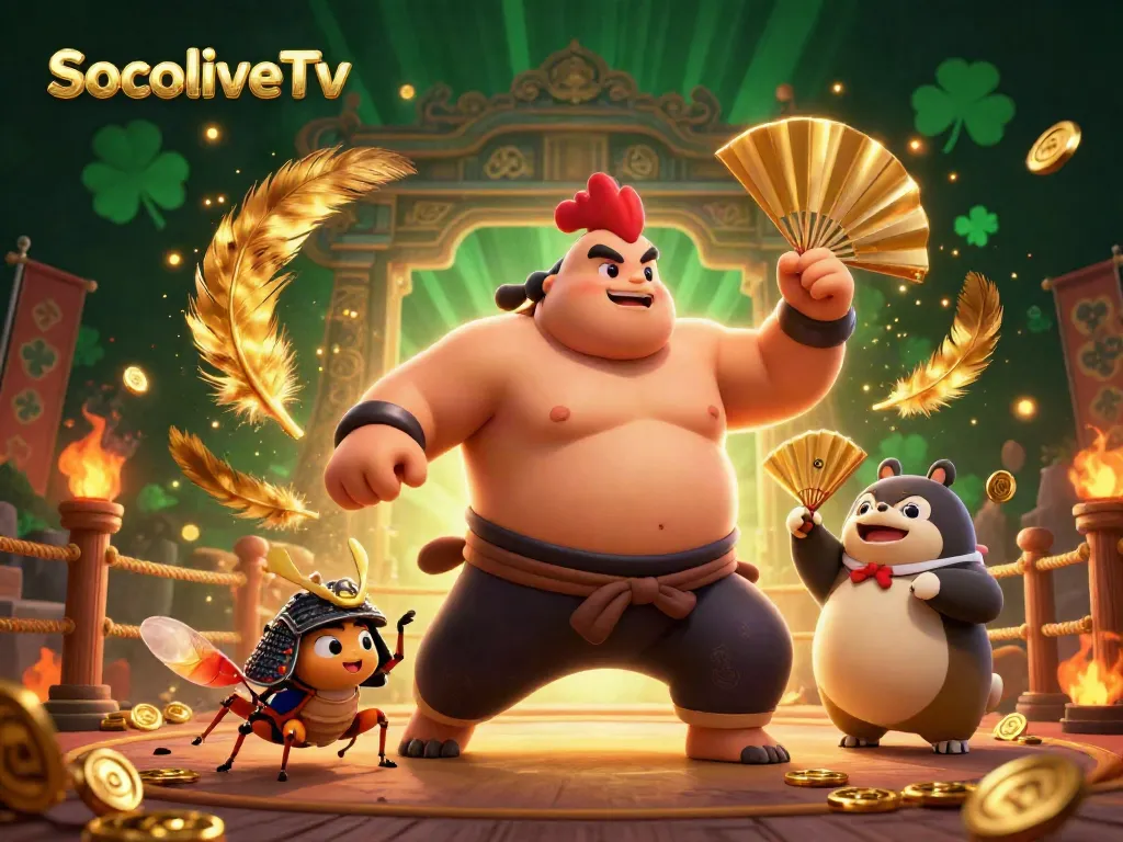 SocoliveTv showcases an epic showdown featuring a sumo rooster and a samurai cricket in a dynamic betting arena.