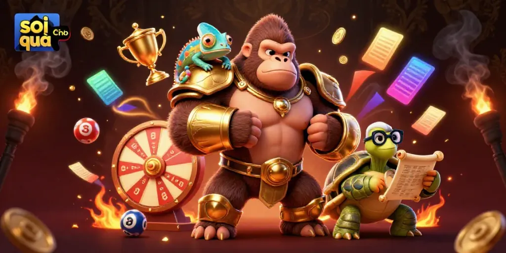 Engage with the exciting world of soi cầu 24h through a vibrant 3D illustration featuring a gorilla king and gambling elements.
