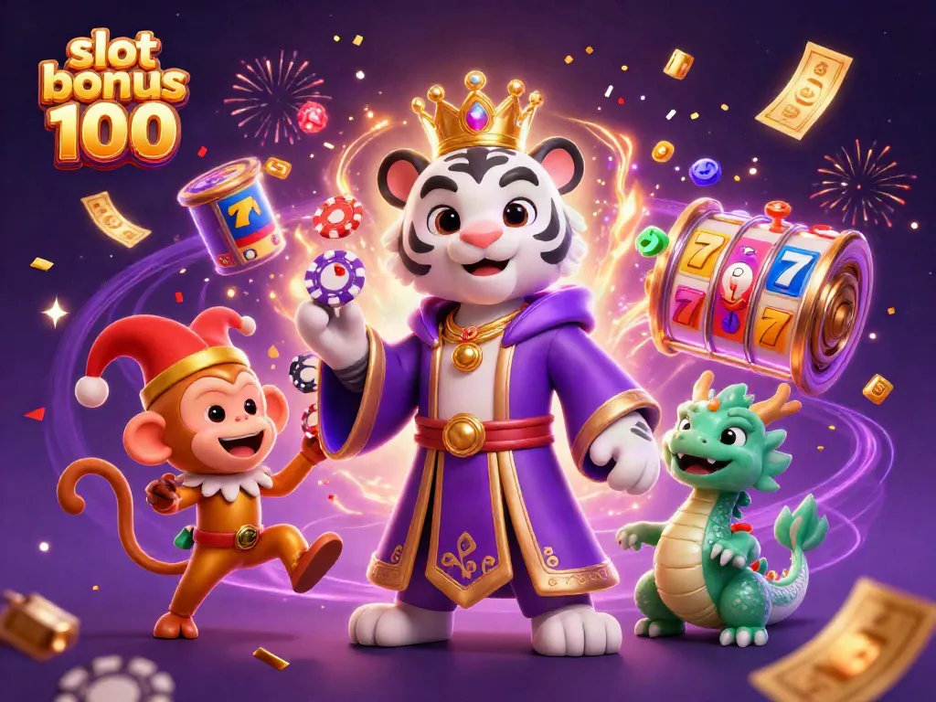 Experience the excitement of slot bonus 100 with vibrant characters and casino elements in a dynamic celebration.