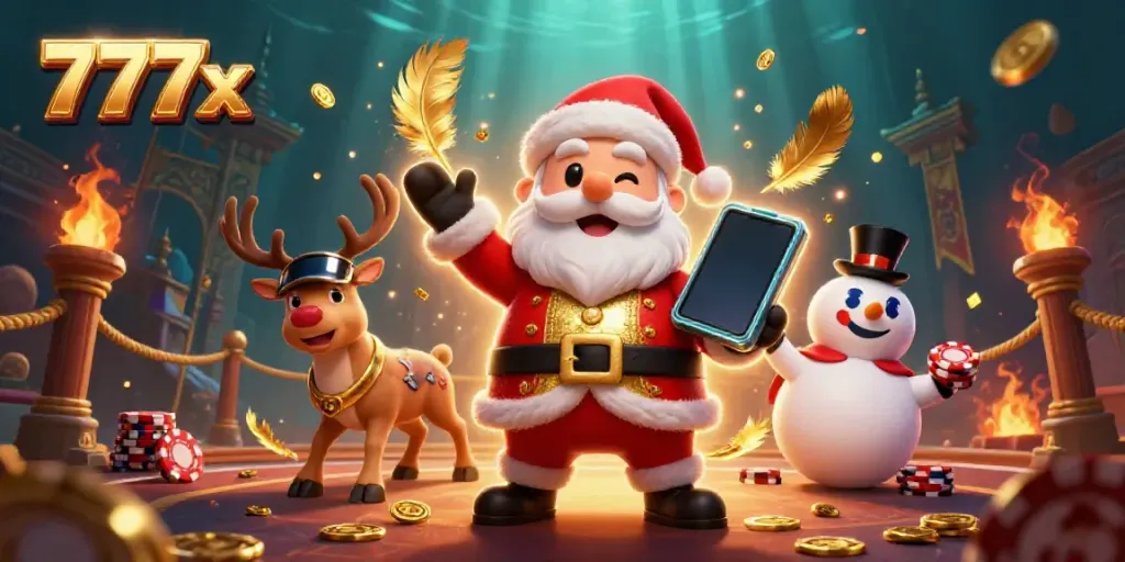 Experience the excitement of winning with 777x in a vibrant casino scene featuring Santa, reindeer, and snowman.